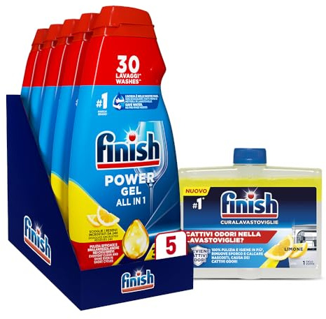 Finish Kit Lavastoviglie; Finish Powergel Detersivo Lavastoviglie Lemon 150 Lavaggi, Curalavastoviglie Limone 250ml
