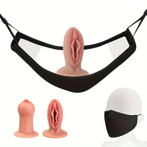 Youxclian Schwarz Maske mit Abnehmbar Realistischer Vagina Knebel Mund Silikon Dildo Mouth Ball Bondage Gag Mundknebel SM Oralsex Sklaven Extrem Sexspielzeug FüR Männer Frauen Homosexuell Paare(A)