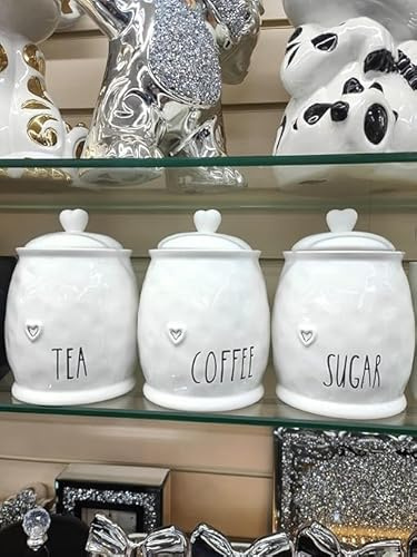 Biznest Set Of 3 Ceramic Tea Coffee & Sugar White Storage Jars Shabby Chic Heart Design Lid Home Decor