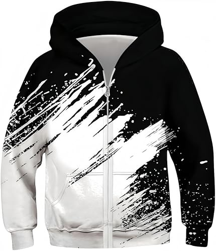 Ocean Plus Pojke Hoodie med Dragkedja – Mjuk & Tålig Digitaltryckt Tröja för Barn – Långärmad Vardagströja för Höst/Vinter (XL (Höjd: 135-140 cm), Vitt och svart)