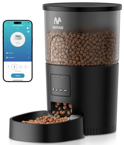 IMIPAW Automatic Cat Feeder, 5G WiFi Cat Food Dispenser with APP Remote Control, Pet Dry Food Smart Feeder, Programmable Timed Feeding, Dual Power Supply, 1-10 Meals Per Day, Desiccant Bag, Small pets
