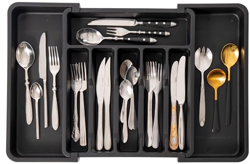 Vencier Expandable Cutlery Drawer Organizer – Large Utensil Tray for Kitchen Drawers (Extends to 57cm) – Adjustable Silverware & Flatware Holder for Spoons, Forks, Knives (Black)