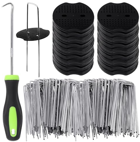 Glarks Juego De Grapas De Jardín (101 Unidades: 50 Estacas En Forma De U De 150 Mm, 50 Juntas De Fijación De Plástico, 1 Gancho De Selección), Acero Galvanizado, Negro/Plateado