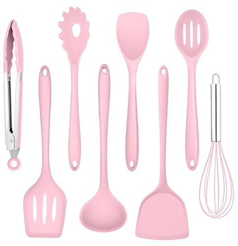 Homikit Küchenhelfer, 8 Stück Silikon Küchenutensilien Kochutensilien Set, Hitzebeständiger Rosa Kochbesteck Kochgeschirr mit Pfannenwender für Kochen Backen, Gesund & Antihaft, Spülmaschinenfest