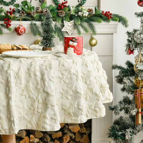 Artoid Mode Tovaglia morbida in pelliccia artificiale, con alberi di pino bianchi, motivo natalizio, rotonda, 140 cm, peluche invernale per Natale, biancheria da tavola, decorazione per soggiorno