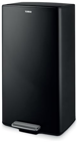 Tower 40L Rectangular Pedal Bin with Removable Inner Bucket and Filter Compartment, Durable Carbon Steel, Black