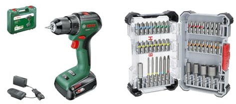 Bosch Cordless Combi Drill AdvancedImpactDrive 18 (1x Battery, 18 Volt System, in Carton Packaging) + 43x Extra Hard Screwdriver Bit Set (197 x 110.5 mm, Accessories)