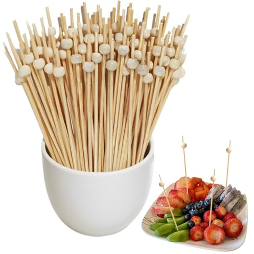 100 Stück Cocktailspieße Set, Holzperlen, Einweg-Bambusspieße für Früchte, 12 cm Länge für Cocktaildeko, Partys, Grillen & Feste