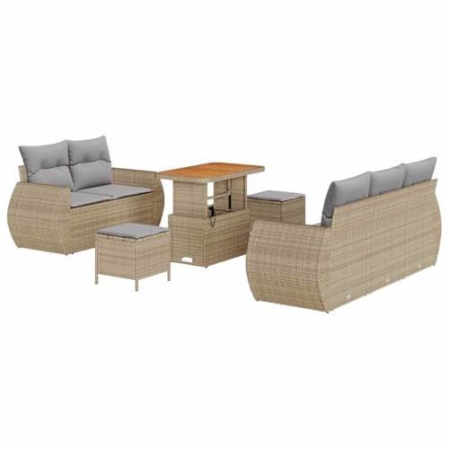 vidaXL Modulär Trädgårdsoffagrupp med Kuddar Beige Rattan & Akacia Bord Sittplatser För 6 Väderbeständiga Eleganta Utomhusmöbler Patio Eller Balkong. Loveseat Sektionell Pe