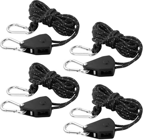 wadafen 4 Stück 4M Abspannseile mit Seilspanner,4mm Winddichtes Outdoor Seil,Duty Heavy Rope Seilratsche,Einstellbare Seil Ratsche,Reflektierende Abspannseile für Sonnensegel(Black)