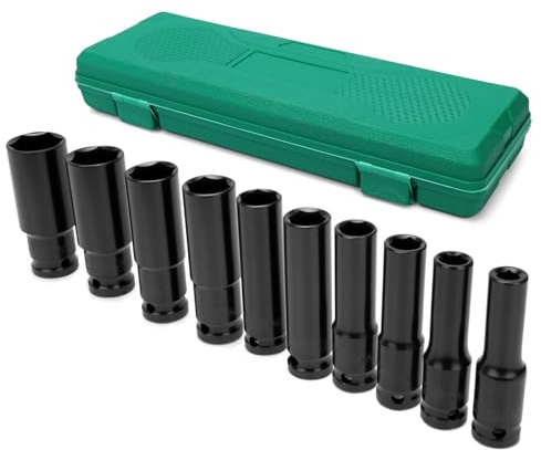 SHALL 10-Piece Impact Wrench Socket Set 1/2 inch, 8-24 mm, with Socket Adapter and Extension Rod, Made of Robust Chrome-Vanadium Steel for car Repairs and tire Changes