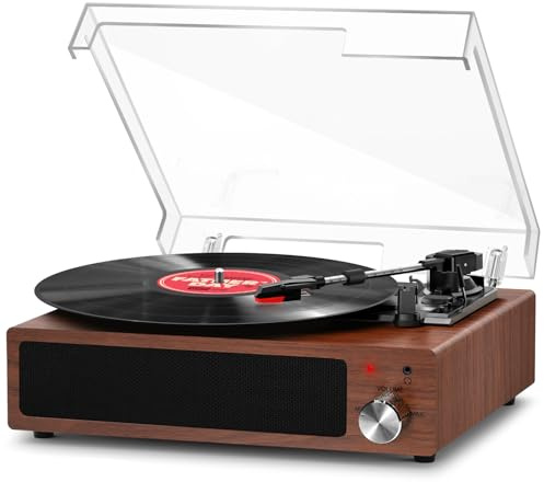 Plattenspieler, FYDEE Vinyl-Plattenspieler mit Eingebauten Stereo-Lautsprechern, 3 Geschwindigkeiten 33/45/78 RPM, Bluetooth-Schallplattenspieler, mit RCA-Ausgang und AUX-Eingang, Walnuss