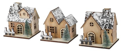 FRCOLOR 3pezzi Casetta di Legno Natalizia Luminosa LED Decorazione in Miniatura per Villaggio di Natale Casa in Legno per Centrotavola Natalizia
