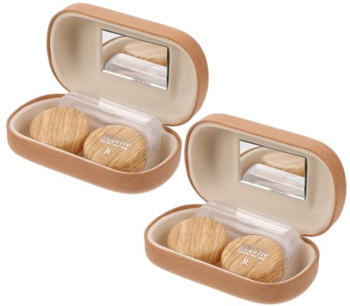Homoyoyo Retro Vintage Leather Wood Grain Large Diameter Lens Box 2pcs Set, Leak-Proof Travel Lens Case with Dual Compartments, Cosmetic Lens Storage Organizer for Daily Use