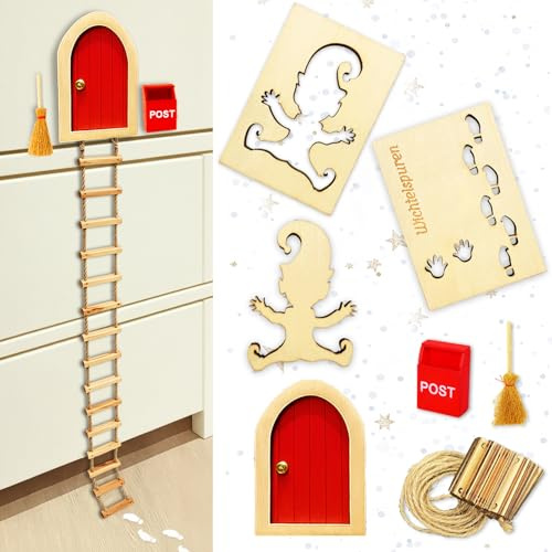 Wichtel Zubehör Set Weihnachten Wichteltür Set mit Leiter Postkasten | Wichtelschablone Fußabdrücke, Mini Besen & Wichtel Fußspuren Schablone, für Adventszeit & perfekte Geschenkidee