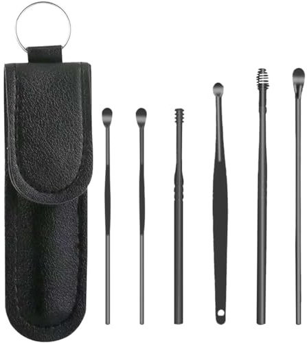 ZWWOGE 6-in-1 Ohrreiniger für Erwachsene: Tragbares Ohrreinigungsset aus Edelstahl inklusive Ohrenschmalz-Entferner, Ohrstäbchen & Aufbewahrungstasche aus Leder (Schwarz)