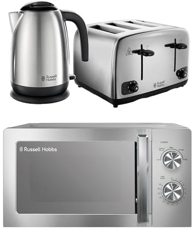 Russell Hobbs Classics Brushed Stainless Steel Kitchen Set, 1.7L 3000W Kettle, 4 Slice Toaster with Variable Browning Levels & 20L 800W Microwave with 5 Power Levels, CLCSBNDL4BR