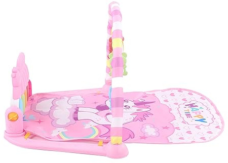 RIZGHWOY Baby-Spielmatte, Klavier-Musikspielzeug mit 5 Hängenden Rasseln, Leicht zu Reinigen und Faltbar für Outdoor-Aktivitäten und Reisen, Geeignet für Krabbelbabys (PINK)
