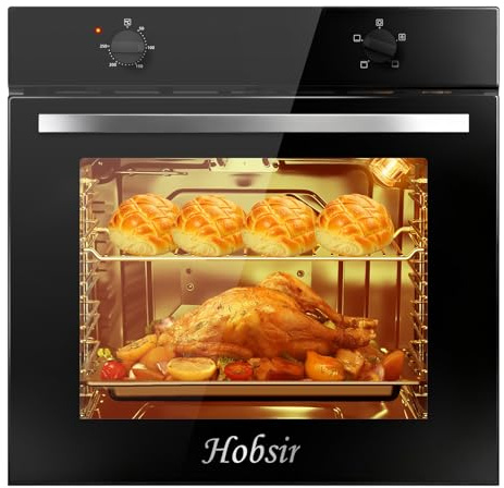 Hobsir Einbaubackofen mit Drehknopfsteuerung, 65L, 60 x 60 cm, 4 Funktionen | Einbauofen mit Stecker, 50-250°C, Doppelt Verglaste Tür, Einbau-Backofen Ohne Kochfeld, 2000W