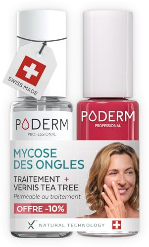 PODERM Sérum Mycose des Ongles + Vernis à Ongles Rouge Rose – Antifongique, Répare & Camoufle les Ongles Jaunis, pour des Ongles Visiblement Plus Sains | Développé par une Podologue | Swiss Made