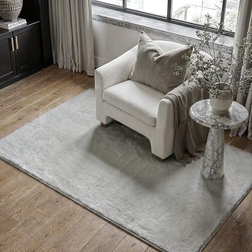 PureCozy Teppich Wohnzimmer 90x150cm Grau Waschbarer rutschfest Weich Kunstfell Fellteppich Kurzflor Flauschiger Teppiche Kinderzimmer Bettvorleger Schlafzimmer Kinderteppich Großer Carpet