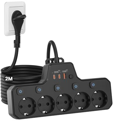 Regleta Enchufe Plano, Regleta 5 Tomas con USB C Carga Rápida PD20W, Negro | Enchufe Multiple con Interruptor Individual,Ladron Pared Extraplano,Proteccion Sobretension,Cable 2M,para Oficinas en Cocina