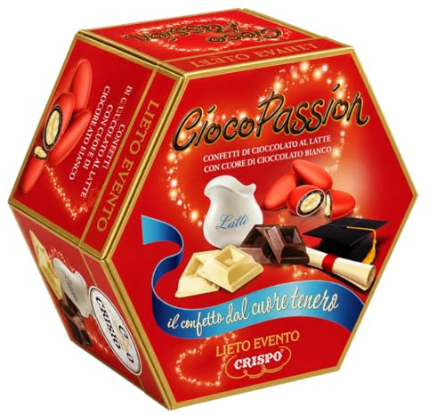 Crispo Cioco Passion Lieto Evento Rosso Confetti al Cioccolato al Latte Ripieni di Cioccolato Bianco, Incartati Singolarmente, Ideali per Laurea, Festa, Promessa e Confettata Senza Glutine 500g