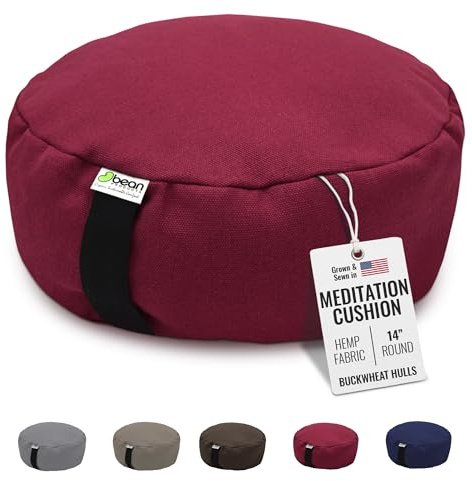 Bean Products Hemp Zafu Meditation Cushion for Sitting on Floor, Hemp Yoga Pillow, Zafu Meditation Pillow, Zen Seiza Kneeling Prayer Pad Support - Made in USA - Round Cranberry