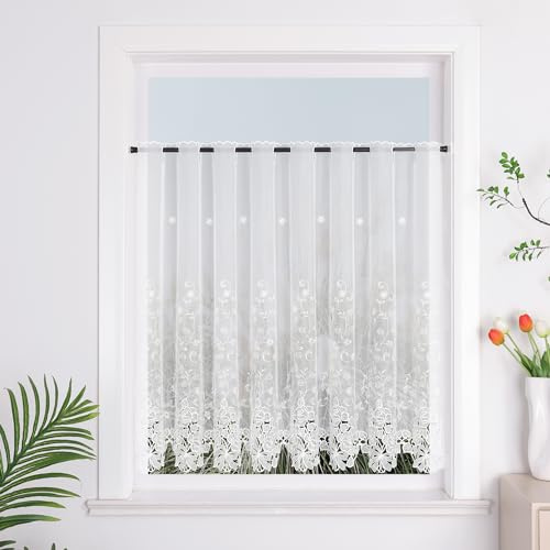 Yujiao Mao 1er Pack Halbtransparent Besticke Weiß Blumen Scheibengardine Küchen Vorhang Tür Gardine J13 HxB 90cmx150cm