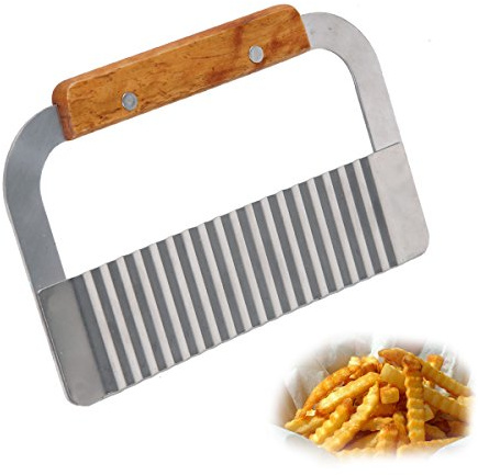 Wavy Crinkle Cutter Stainless Steel Blade Garnish Potato Chip Dough Vegetable Cutter Cutting Tool with Wooden Handle (Silver)