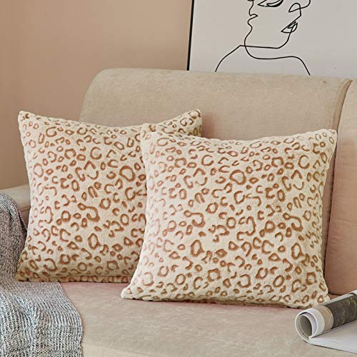 FY FIBER HOUSE 2er Set Flanell Fleece Kissenbezüge Kissenhülle mit Leopard-Druck, Zierkissenbezüge für Couch, Bett, Sofa, 45x45, Braun