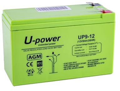 U-Power Batería AGM 12V 9Ah – Sellada Recargable Plomo-Ácido VRLA – para Alarmas, SAI/UPS, Seguridad, Juguetes Eléctricos y Más – Terminal Faston F2 (6.3 mm)