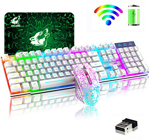 Kabellose Tastatur mit Regenbogen-Hintergrundbeleuchtung, 2,4 G, wiederaufladbar, mechanische Haptik, 104 Tasten, Gaming-Tastatur + 2400 DPI, 6 Tasten, optische Regenbogen-LED-Gaming-Maus + Mauspads