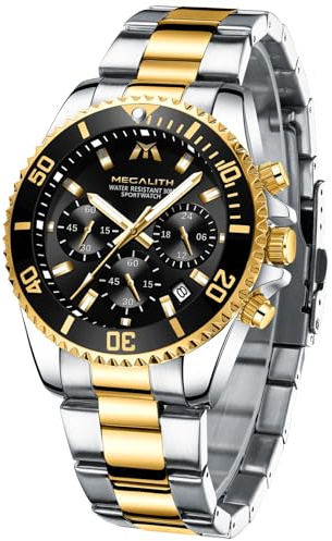 MEGALITH Reloj Hombre Cronógrafo Acero Inoxidable Oro Relojes Pulsera Hombre Esfera Negro Analogico Luminosa Fecha