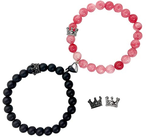 Ymeeaa Magnetic Bracelets Couples King&Queen Crown His Her Bracelets Heart Matching Bracelets Long Distance Relationship Gifts Boyfriend Girlfriend on Anniversary Couples Jewelry Men(Black&Pink)