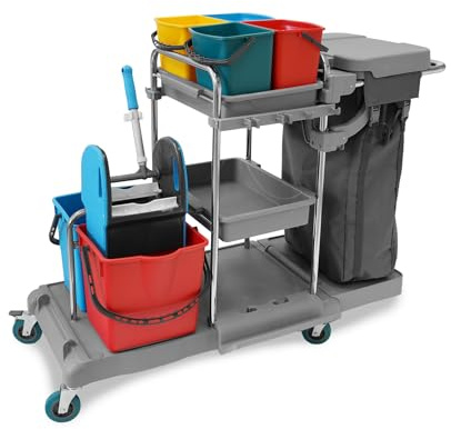 Hypafol Profi Putzwagen mit 100l Leinensack I Praktisches Reinigungsset mit 2x18l & 4x5l Eimern I Stabile Mopp-Presse & Halterung für Besen & Lappen
