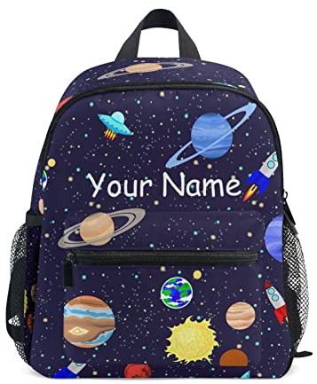 Mnsruu Custom Kids Toddler Backpack Space Rockets Ufo and Planets Personalized Preschool Kindergarten Bookbag with Name Nursery Travel Bag for Boys Daycare