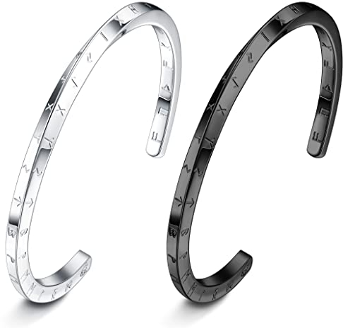JeweBella 2Pezzi Bracciale Vichingo Mobius Uomo Acciaio Inossidabile Nordic Amuleto Argento/Nero Rigido Rune Intrecciate Talismano Vichinghi Gioielli