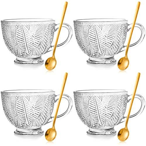 SOUJOY Paquete de 4 tazas de café de vidrio con asa, taza de té en relieve de hojas de 16 onzas con cucharas, taza de bebidas calientes gigantes, batido de leche, cereales