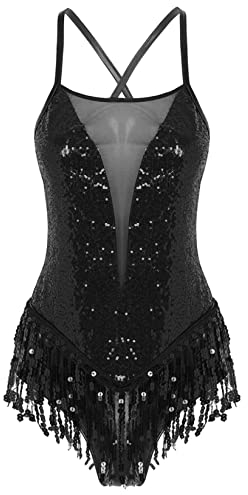 Runhomal Damen Pailletten Tanzbody Ballett Trikot mit Quaste Gymnastik Leotard Rückenfrei Spaghettiträger Gymnastikanzug Turnanzug Schwarz M