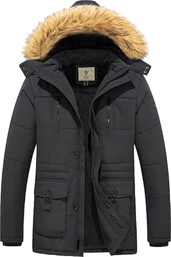 WenVen Chaqueta de Invierno para Hombre Chaqueta con Forro Polar Cálido Abrigos Cortavientos con Cremallera Frontal Capucha de Piel Sintética Extraíble Hombre Gris Carbono L