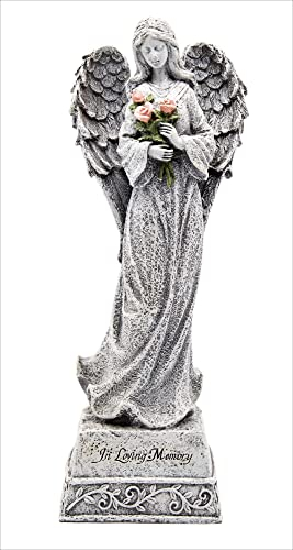 Kingdom Supplies Biblegifts 35cm Standing Grave Angel In Loving Memory Stone Look Resin Ornament Holding Pink Roses Boxed Gift