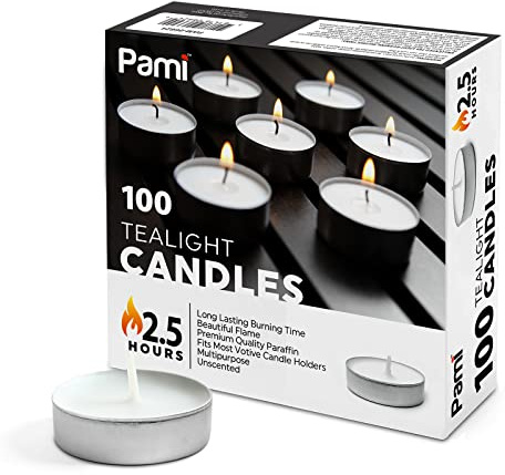 PAMI Tealight Candles 100 Pack Little Small 1in Round Unscented 2.5h Burn Time for Votive Holders
