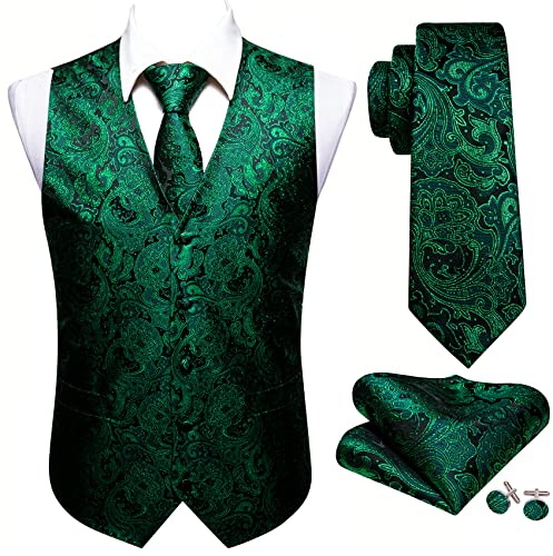 Barry.Wang Herren Paisleymuster Blume Jacquard Seide V-Ausschnitt Anzug Weste und Krawatte Einstecktuch Manschettenknöpfe für Hochzeit Smoking Abschlussball, olivgrün, S