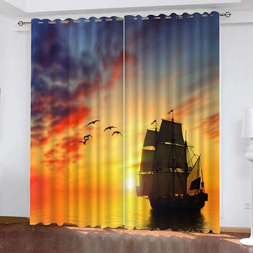 GIOVIA 3D Maritim Segeln Vorhänge Abdunkelnde mit ösen 2 Stücks Gardinen Blickdicht Verdunkelungs Sonnenuntergang Meer Kälteschutz Scheibengardinen für Junge Mädchen Schlafzimmer B 280 X H 260 cm
