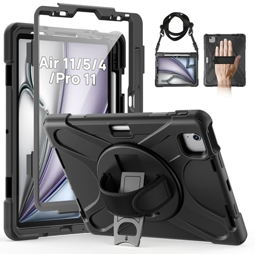 Gerutek Hülle für iPad Air 11 Zoll (M4/M3/M2) mit Displayschutz, Schwarz | Stoßfeste für iPad Air 5. /4. Gen 10,9'' Hülle, 360° Drehbar Stände, Hand-/Schultergurt Stifthalter, Arbeit/Outdoor/Drinnen