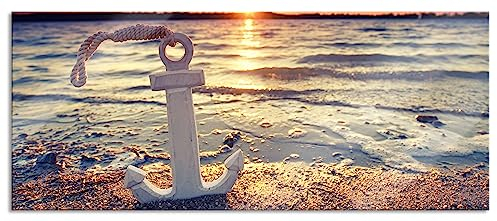 Pixxprint Glasbild Panorama, Wandbild aus Echtglas, Anker am Ostseestrand im Sonnenuntergang, 120x50 cm, inkl. Aufhängung und Abstandshalter