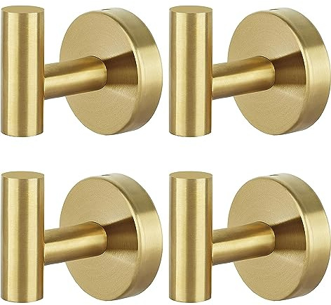 QNIIAED 4 Pcs Bathroom Towel Hook,Screw in Metal Coat Robe Hook SUS 304 Stainless Steel Heavy Duty Wall Door Hanger for Bathroom Kitchen Garage Home Hotel Office(Brushed Brass Gold)