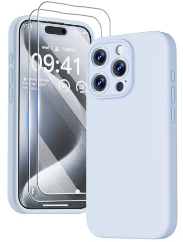 GOODVISH 3 in 1 für iPhone 15 Pro Hülle Liquid Silikon, Hellblau | mit 2 Stück Schutzfolie, Upgraded Kameraschutz Soft Mikrofaserfutter Handyhülle Kratzfest Stoßfeste Schutz Case 6.1
