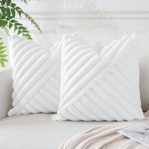 JOTOM 2er Set Kunstpelz Plüsch Kissenbezüge, Dekorative Weich Gestreift Fuzzy Kissenbezug Kissenhüllen Sofakissen Dekokissen Zierkissenbezug für Wohnzimmer Schlafzimmer Deko (50x50cm, Creme Weiß)